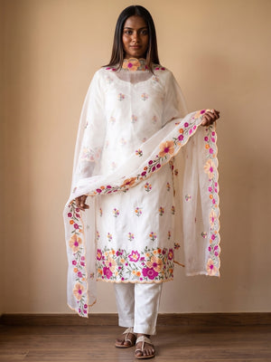 Peachmode White Roman Silk Unstitched Dress Material With Multi Thread Work And Organza Dupatta - Image 2