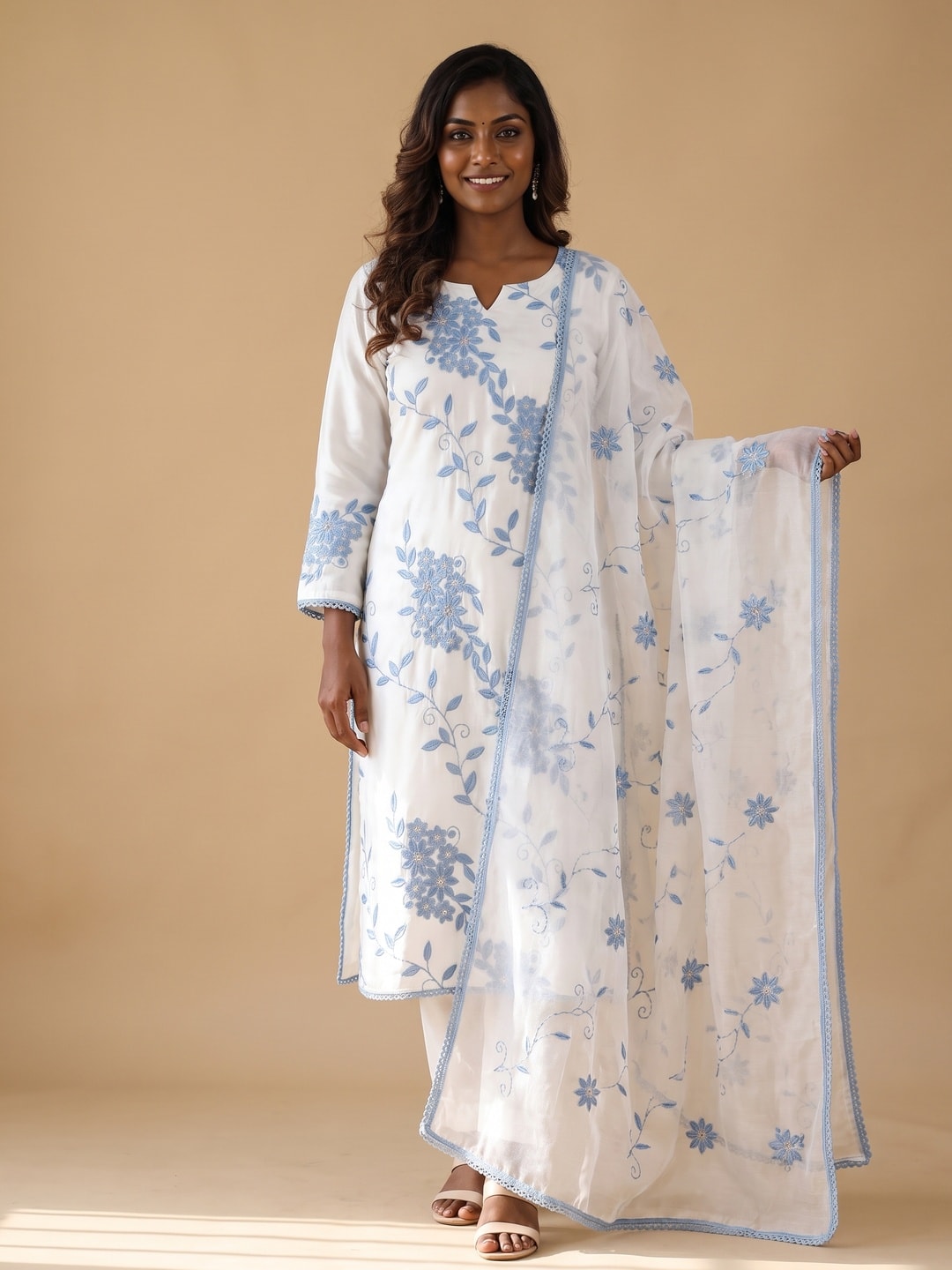 Peachmode Blue Roman Silk Unstitched Dress Material With Contrast Floral Vine Embroidery - Image 2