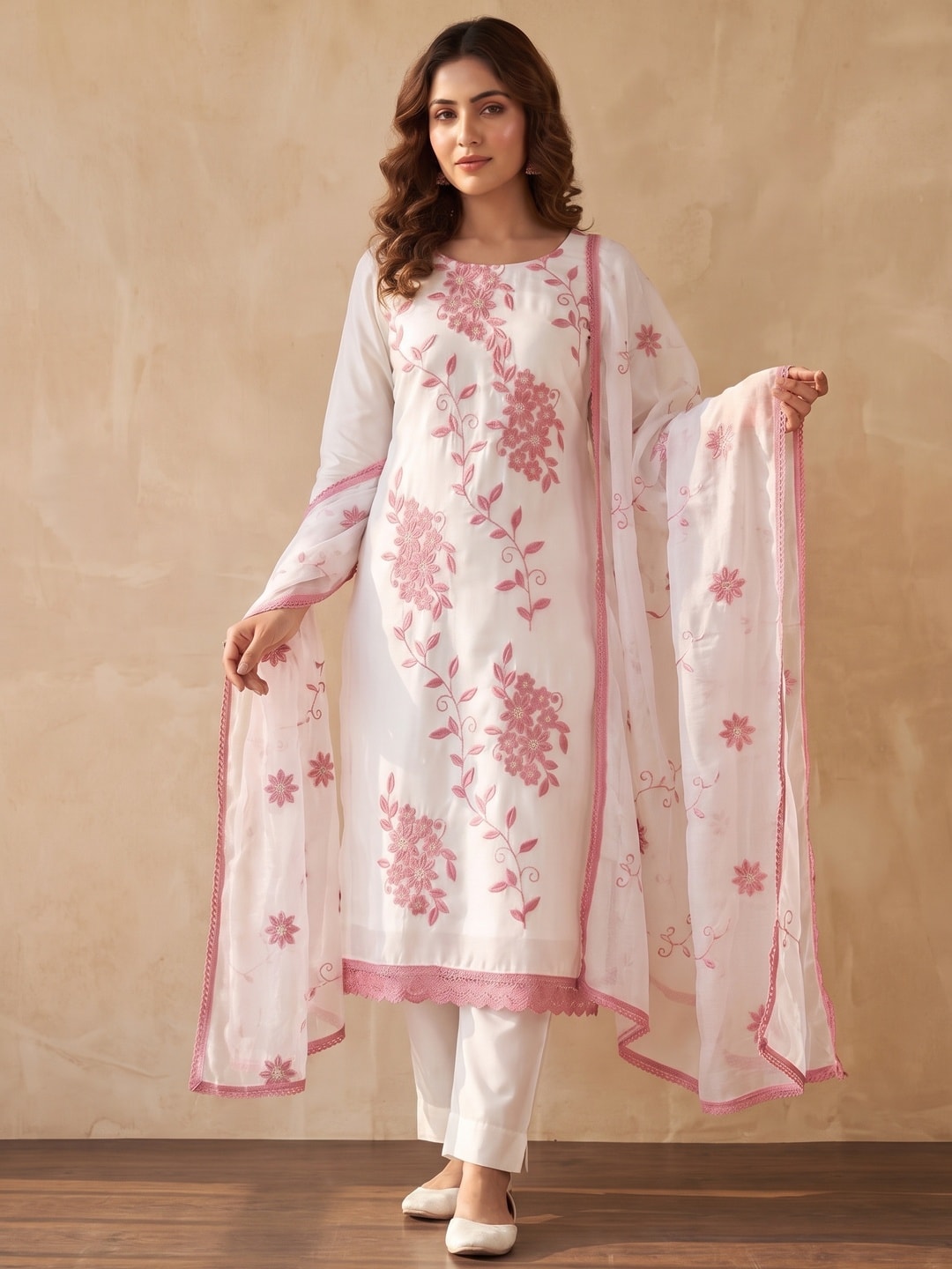 Peachmode Pink Roman Silk Unstitched Dress Material With Contrast Floral Vine Embroidery - Image 2