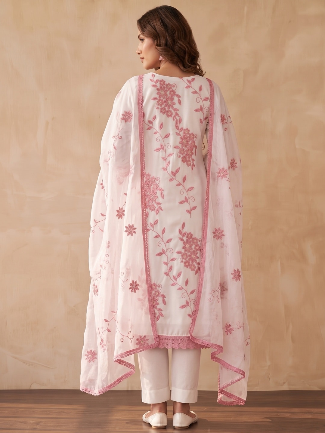Peachmode Pink Roman Silk Unstitched Dress Material With Contrast Floral Vine Embroidery - Image 3