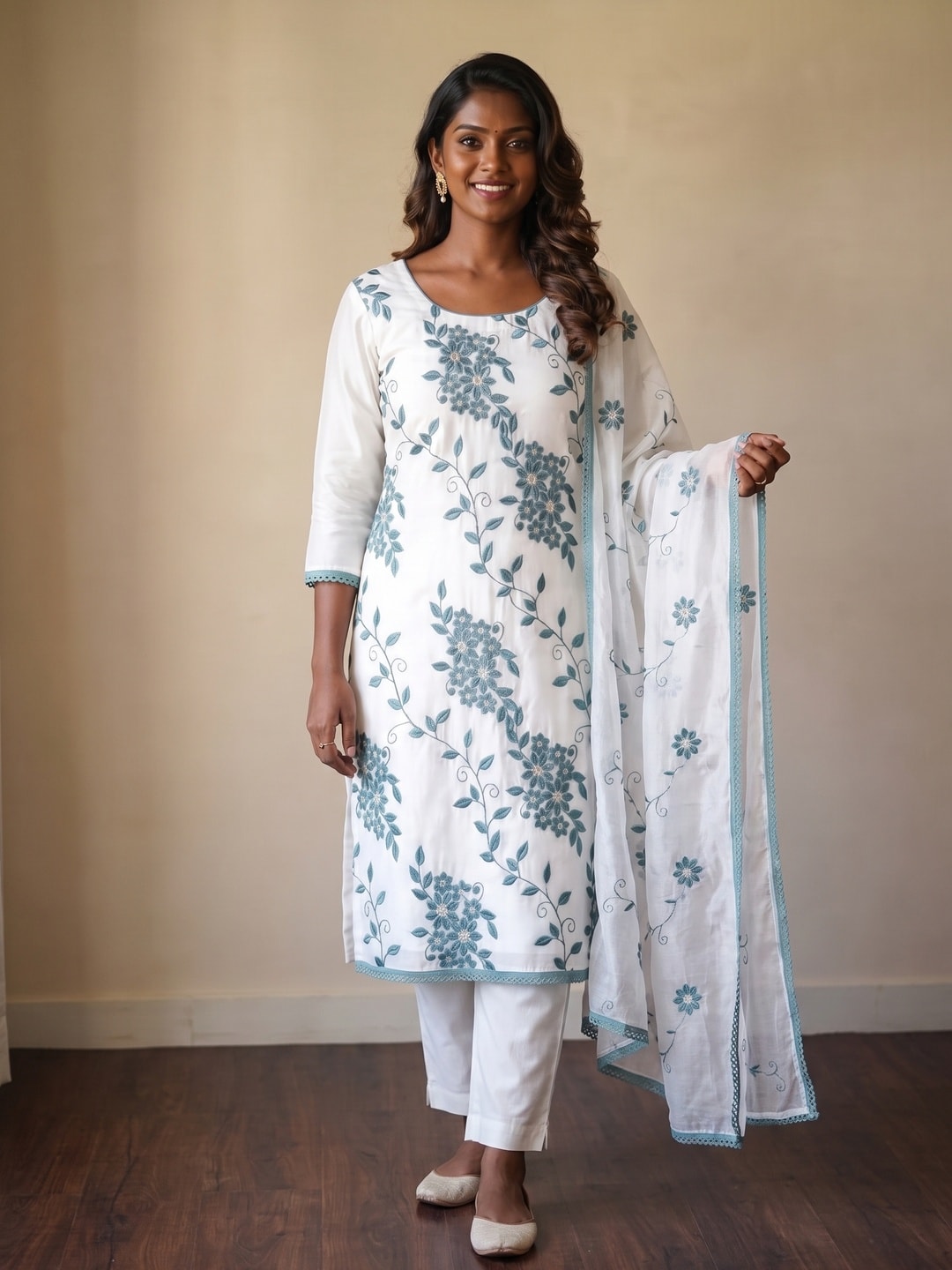 Peachmode Teal Roman Silk Unstitched Dress Material With Contrast Floral Vine Embroidery - Image 2