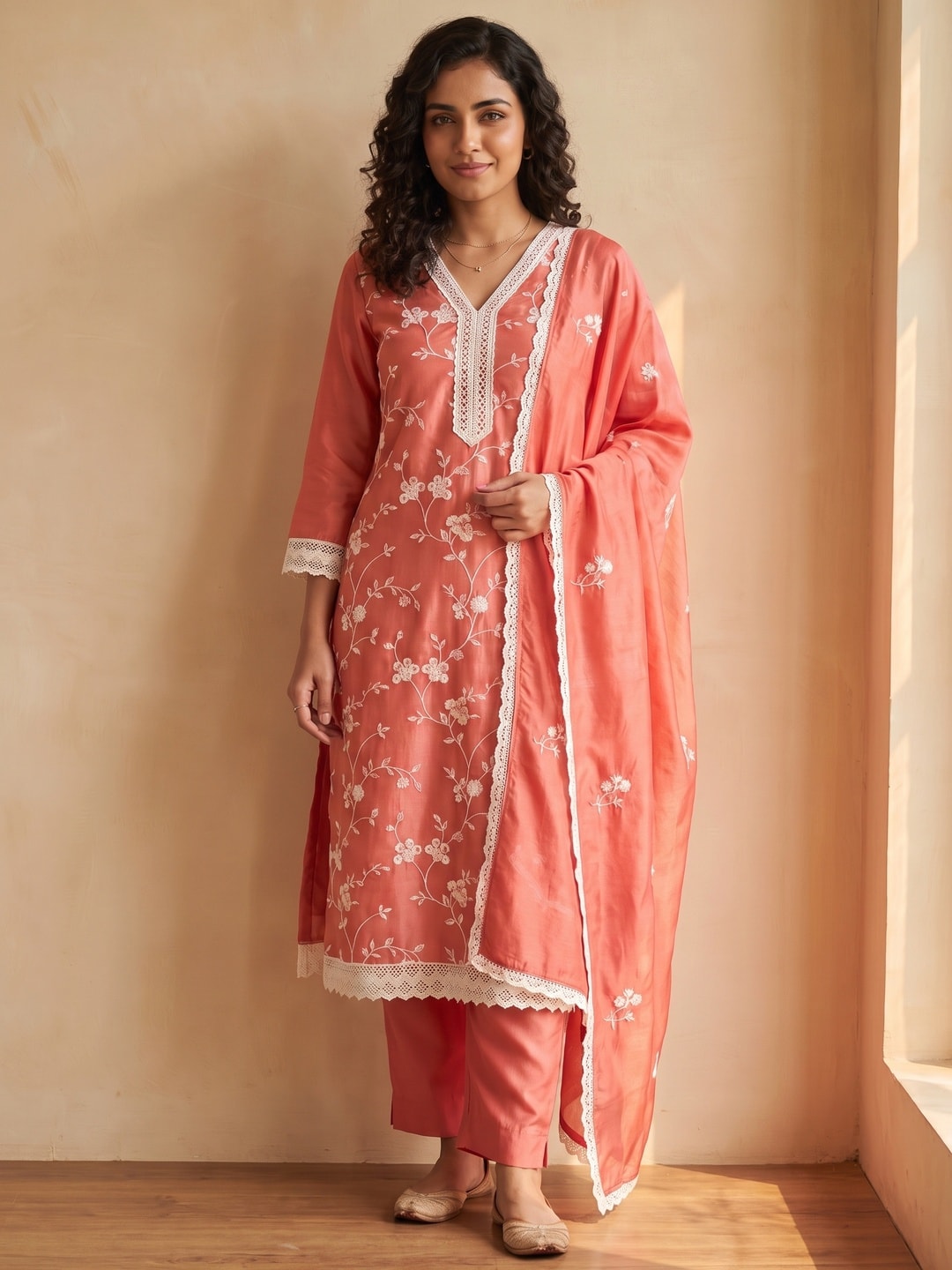 Peachmode Dusty Rose Roman Silk Unstitched Dress Material With White Floral Vine Embroidery - Image 2