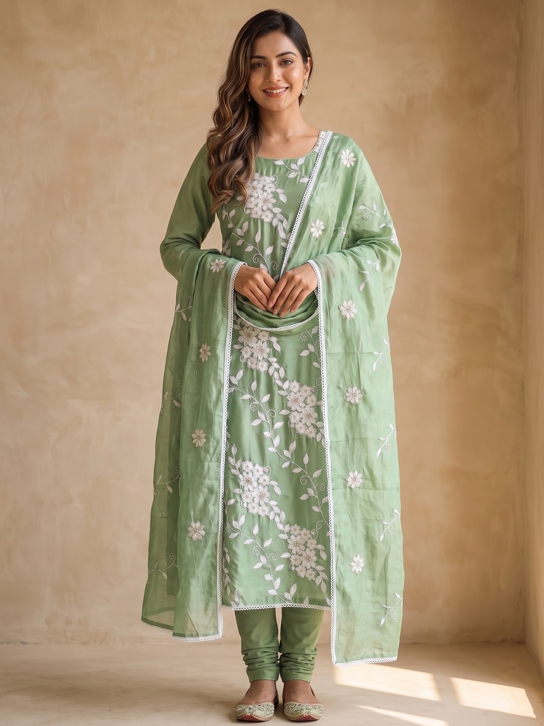 Peachmode Green Roman Silk Unstitched Dress Material With White Floral Vine Embroidery - Image 2