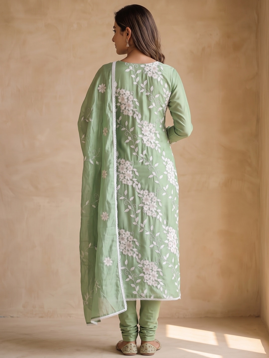 Peachmode Green Roman Silk Unstitched Dress Material With White Floral Vine Embroidery - Image 3
