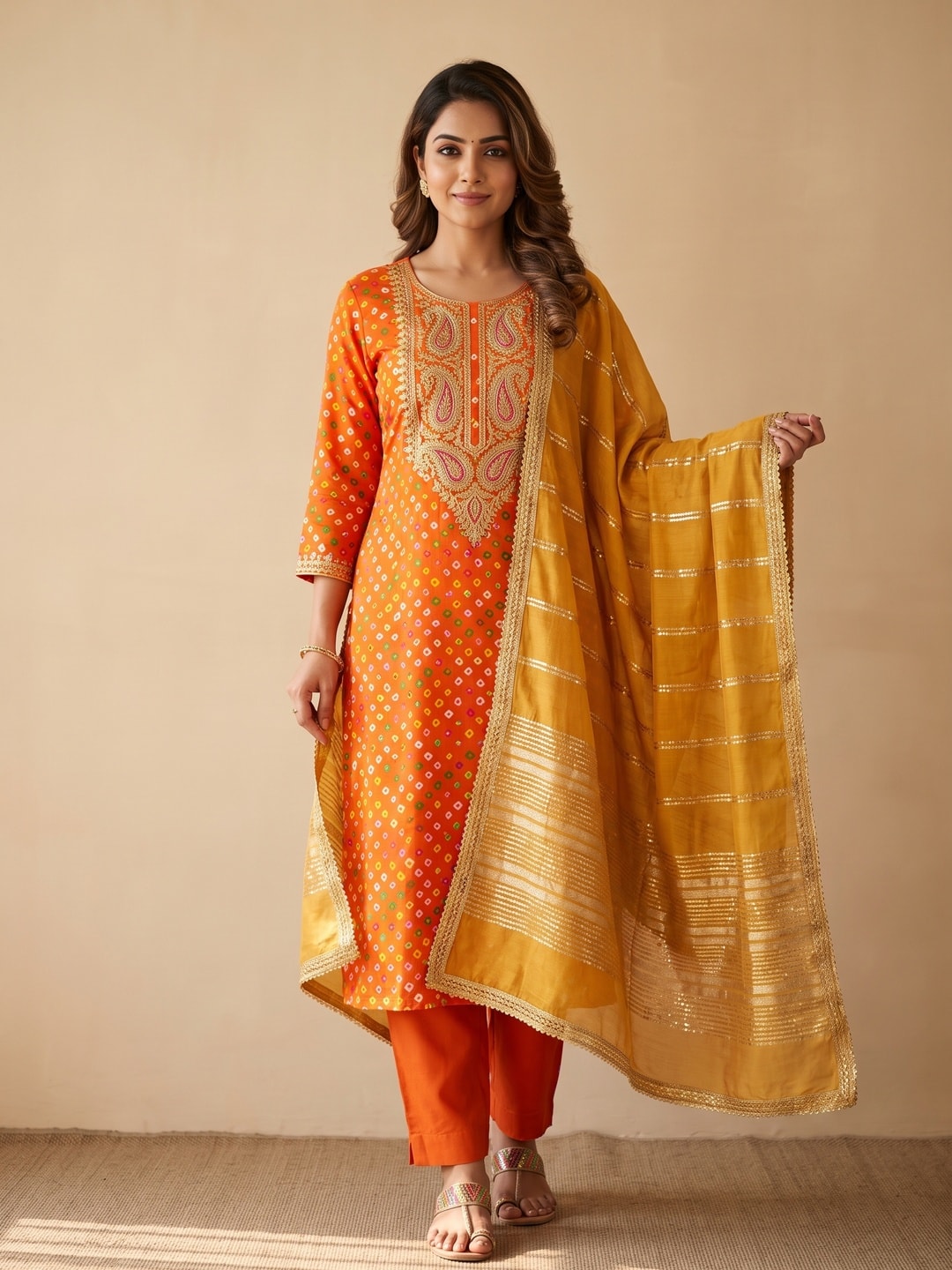 Peachmode Orange Rayon Bandhani Print Unstitched Dress Material With Zari Neck Embroidery - Image 2