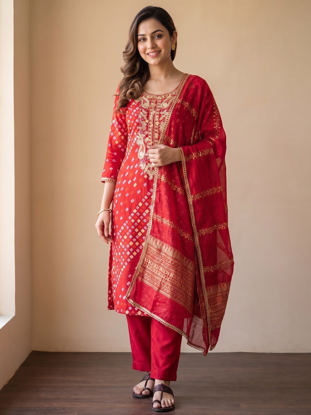 Peachmode Red Rayon Bandhani Print Unstitched Dress Material With Zari Neck Embroidery - Image 2