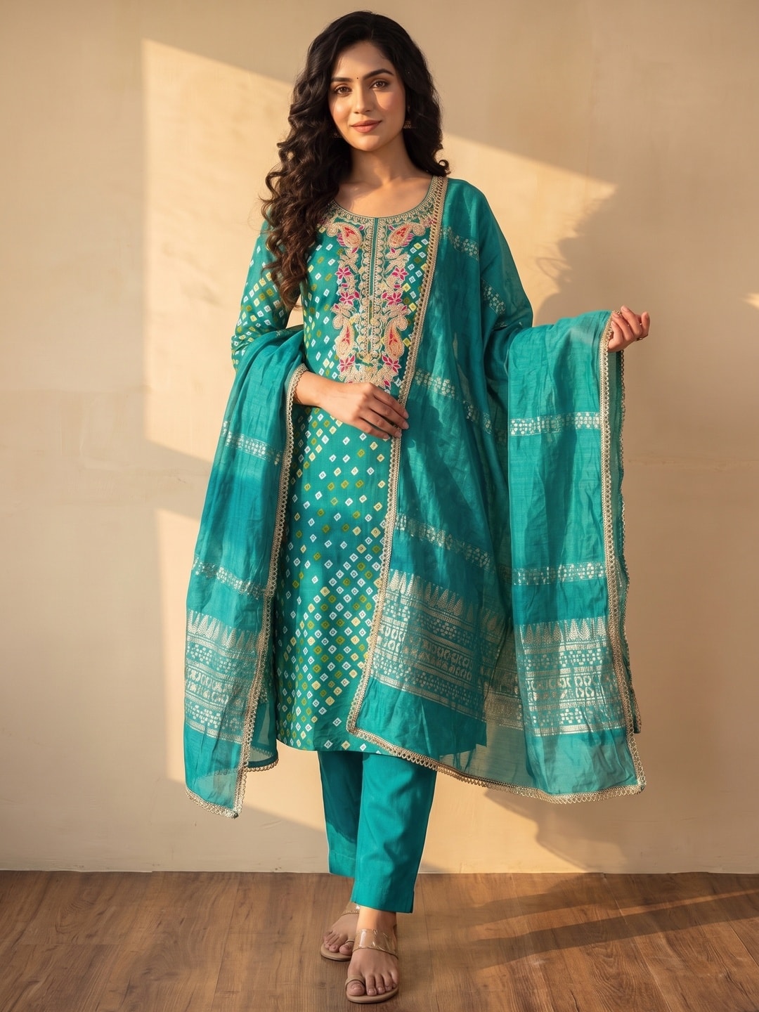 Peachmode Teal Rayon Bandhani Print Unstitched Dress Material With Zari Neck Embroidery - Image 2