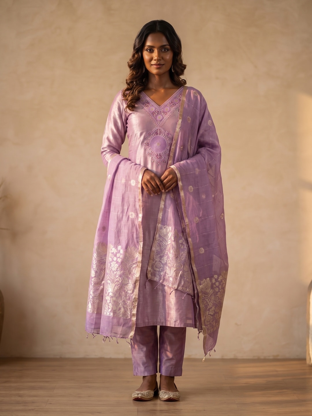 Peachmode Lavender Barbari Silk Unstitched Dress Material With V-Neck Floral Thread Embroidery - Image 2