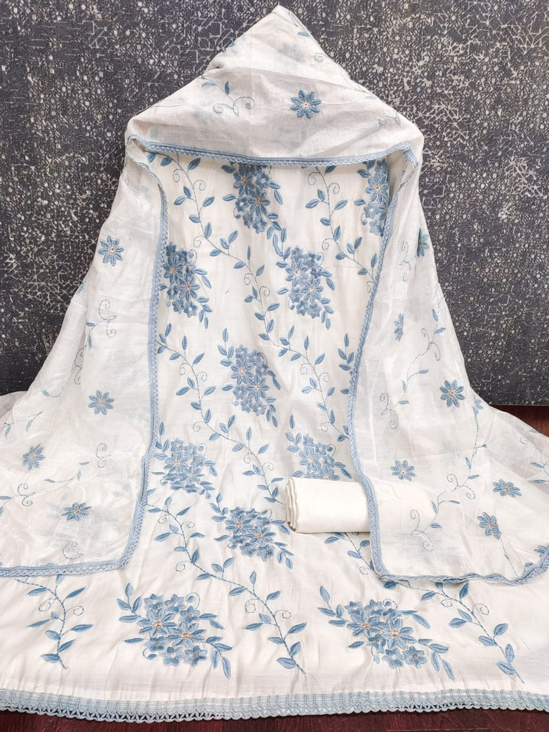 Peachmode Blue Roman Silk Unstitched Dress Material With Contrast Floral Vine Embroidery - Image 5