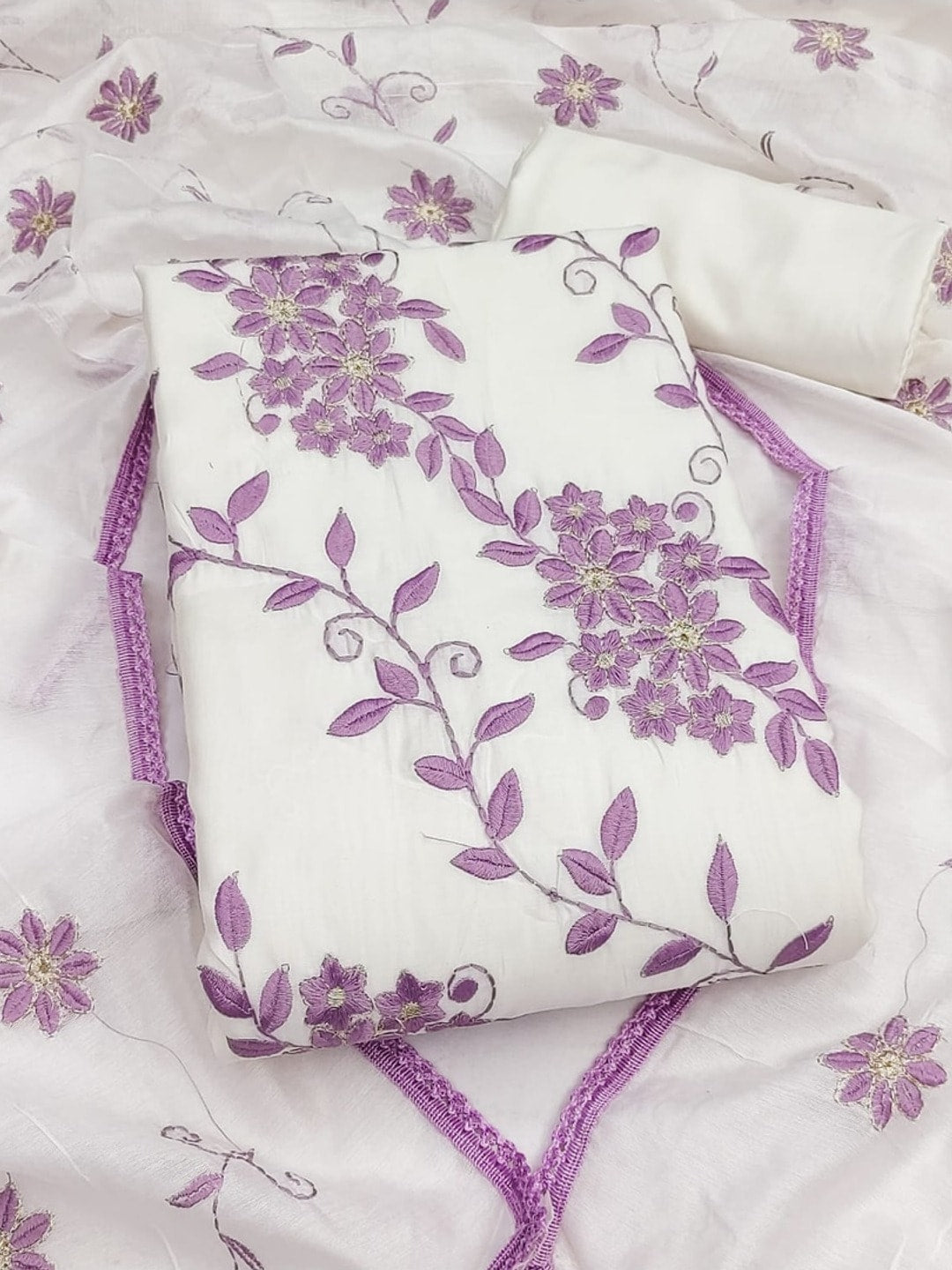 Peachmode Lilac Roman Silk Unstitched Dress Material With Contrast Floral Vine Embroidery - Image 3