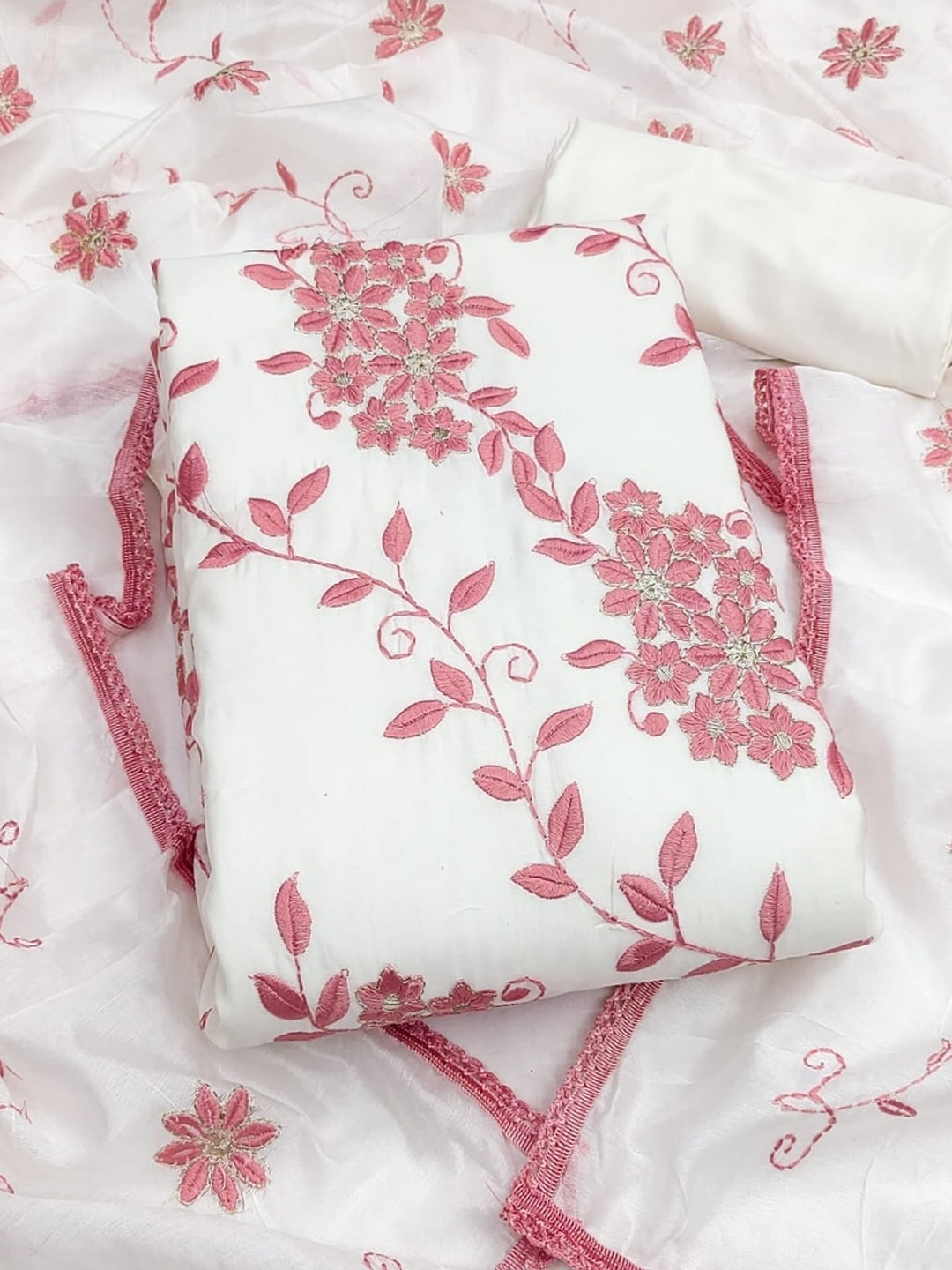 Peachmode Pink Roman Silk Unstitched Dress Material With Contrast Floral Vine Embroidery - Image 4