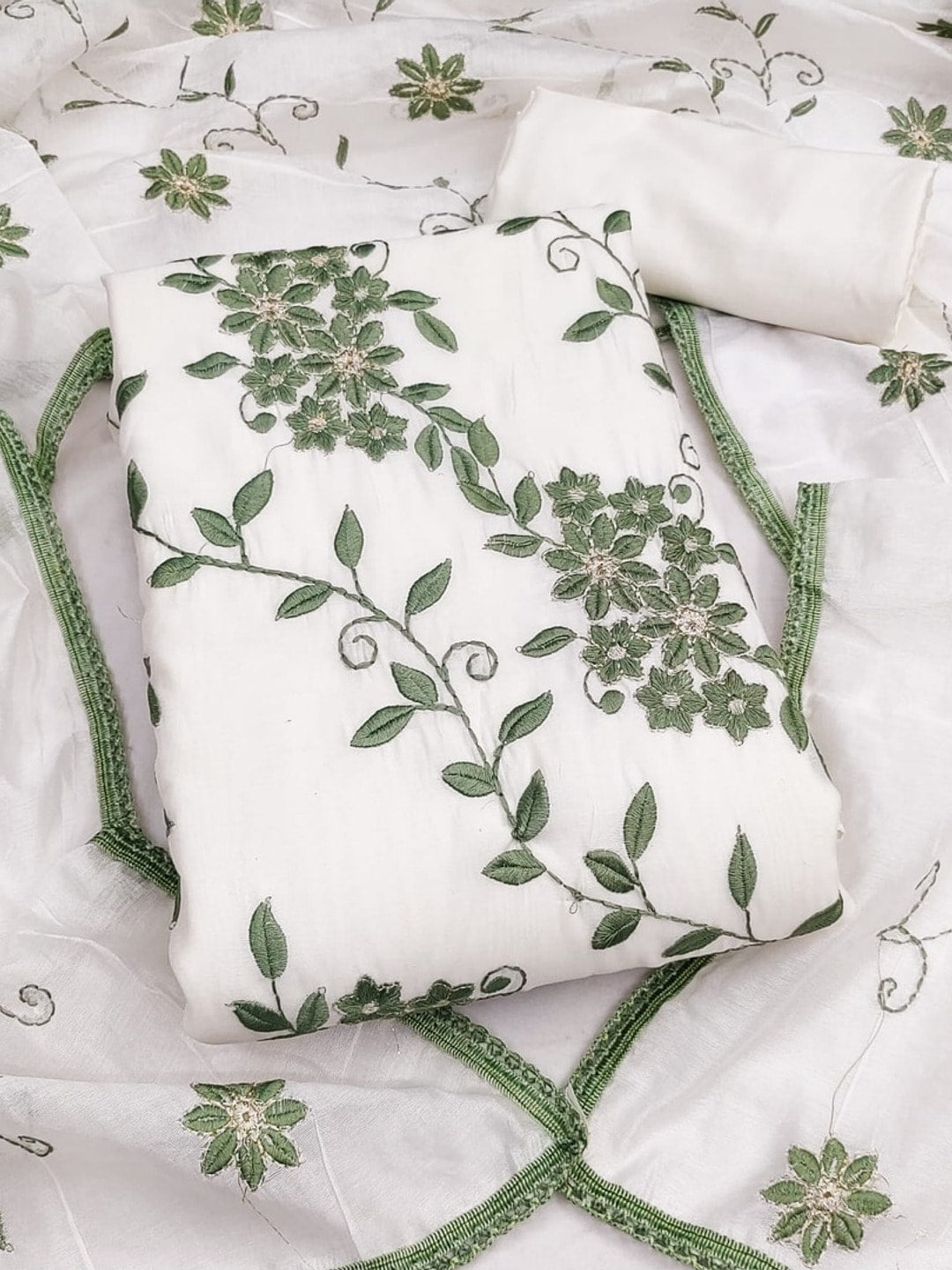 Peachmode Sage Roman Silk Unstitched Dress Material With Contrast Floral Vine Embroidery - Image 3