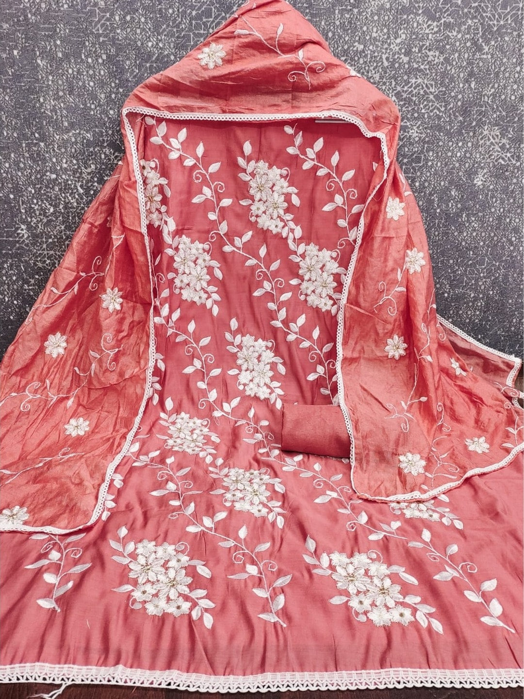 Peachmode Dusty Rose Roman Silk Unstitched Dress Material With White Floral Vine Embroidery - Image 5