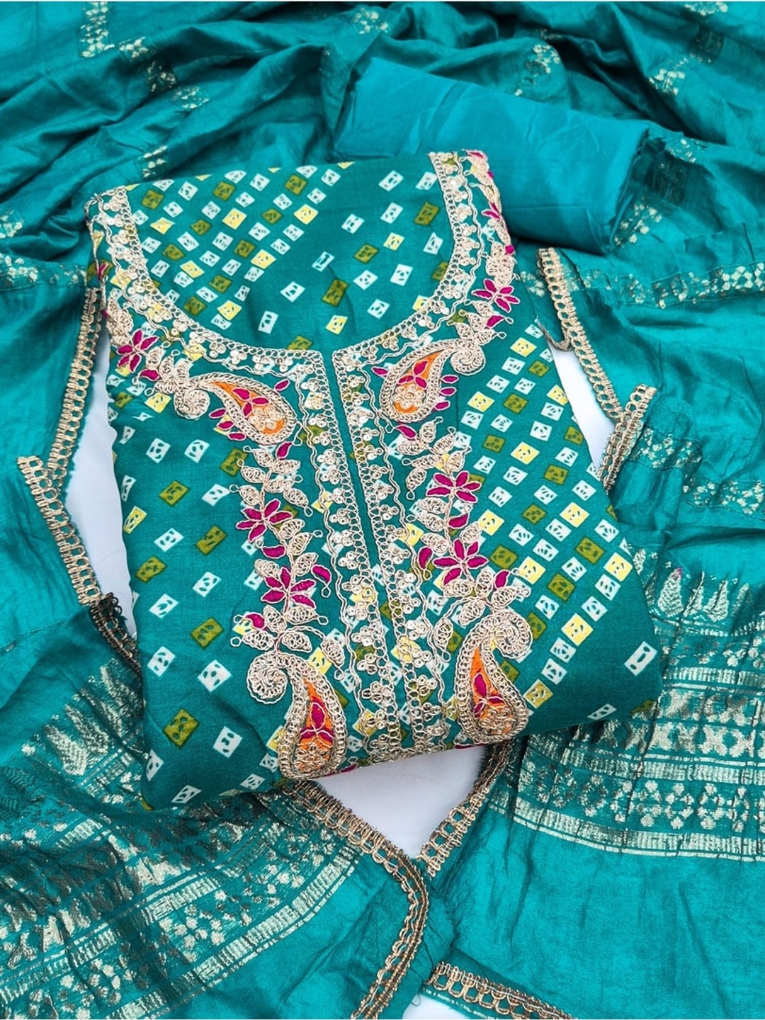 Peachmode Teal Rayon Bandhani Print Unstitched Dress Material With Zari Neck Embroidery - Image 4