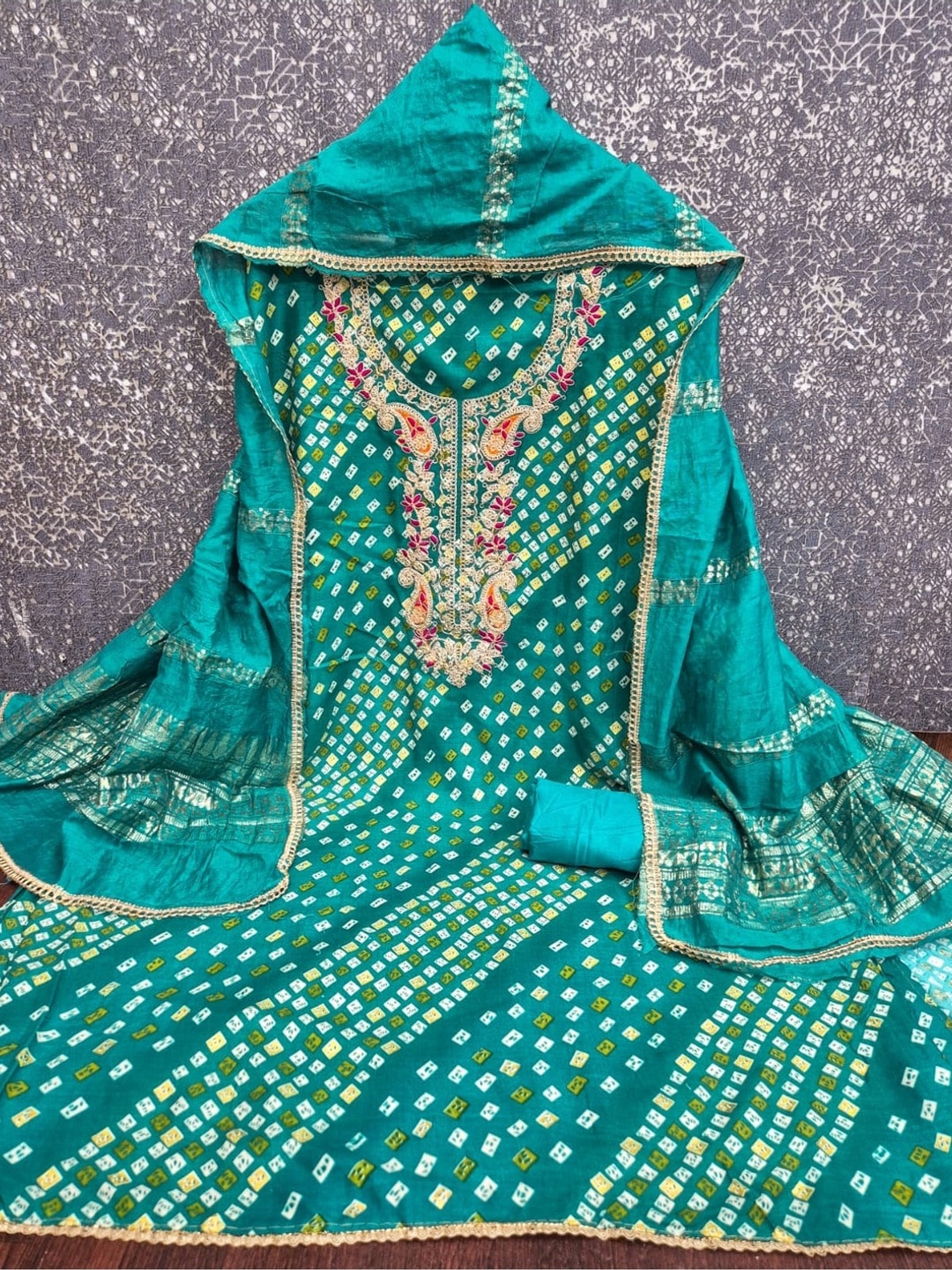 Peachmode Teal Rayon Bandhani Print Unstitched Dress Material With Zari Neck Embroidery - Image 5