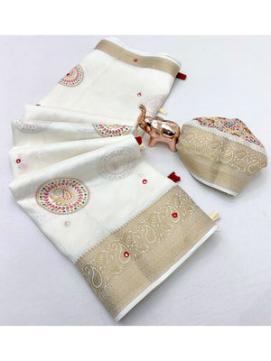 Peachmode White Benny Cotton Saree With Aari Mirror Work And Jacquard Border - Image 2