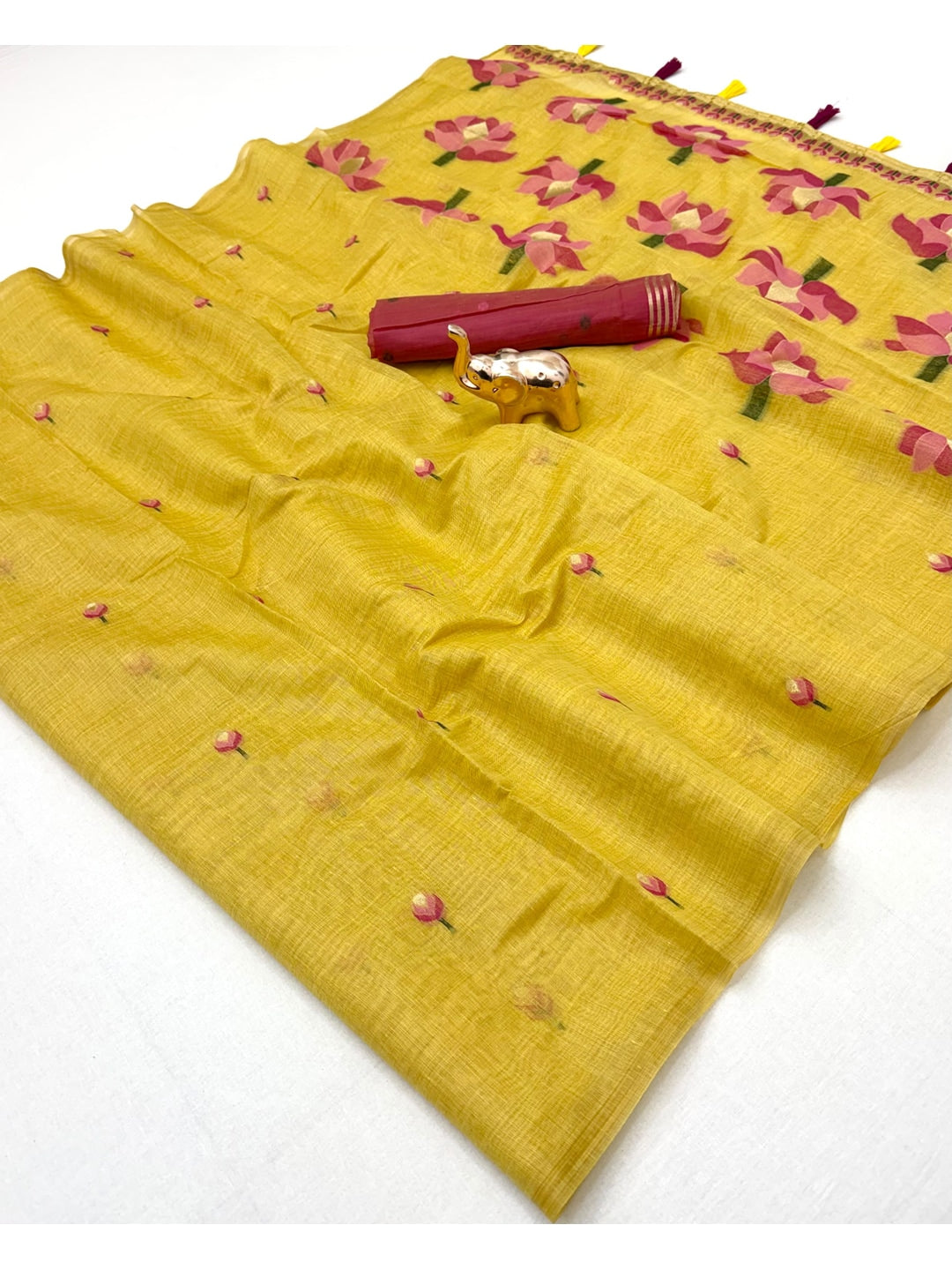 Peachmode Mustard Rumali Cotton Saree With Jacquard Butta And Lotus Print Pallu - Image 4