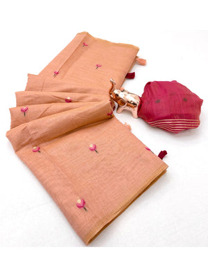 Peachmode Peach Rumali Cotton Saree With Jacquard Butta And Lotus Print Pallu - Image 2