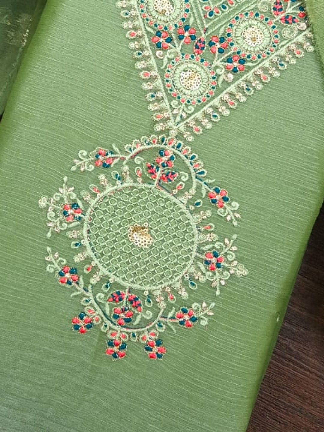 Peachmode Green Barbari Silk Unstitched Dress Material With V-Neck Floral Thread Embroidery - Image 5