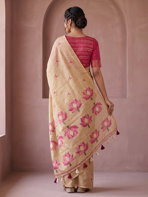 Peachmode Beige Rumali Cotton Saree With Jacquard Butta And Lotus Print Pallu - Image 2