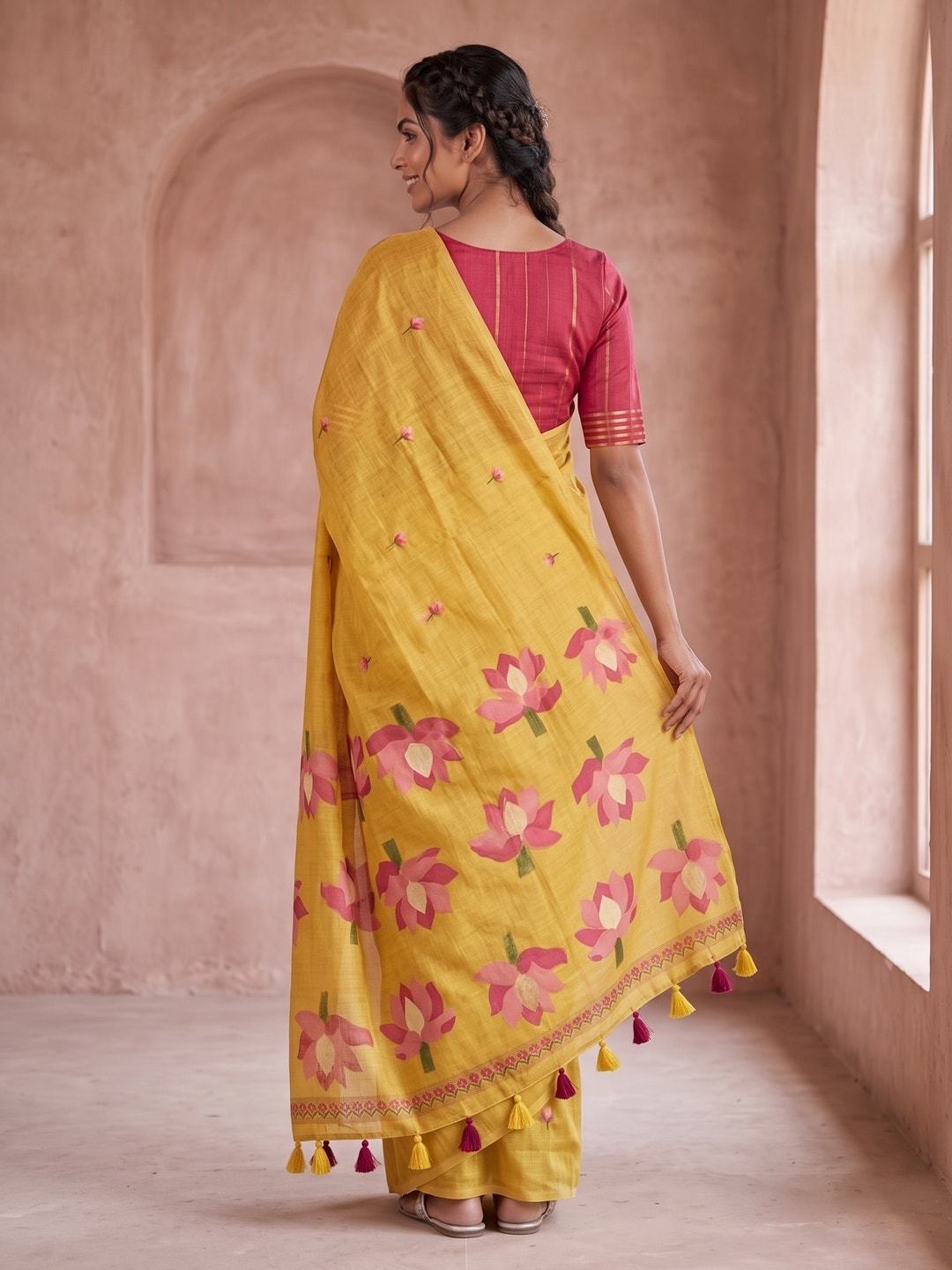 Peachmode Mustard Rumali Cotton Saree With Jacquard Butta And Lotus Print Pallu - Image 2