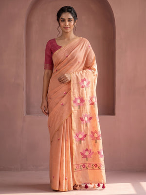Peachmode Peach Rumali Cotton Saree With Jacquard Butta And Lotus Print Pallu - Image 1