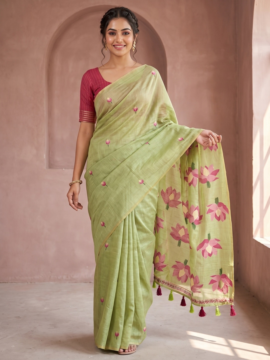Peachmode Pista Green Rumali Cotton Saree With Jacquard Butta And Lotus Print Pallu - Image 1