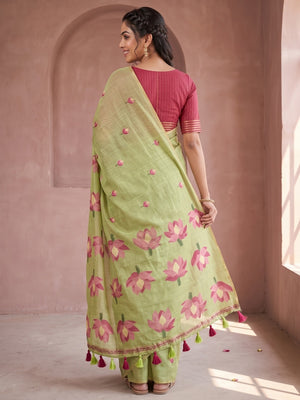 Peachmode Pista Green Rumali Cotton Saree With Jacquard Butta And Lotus Print Pallu - Image 2