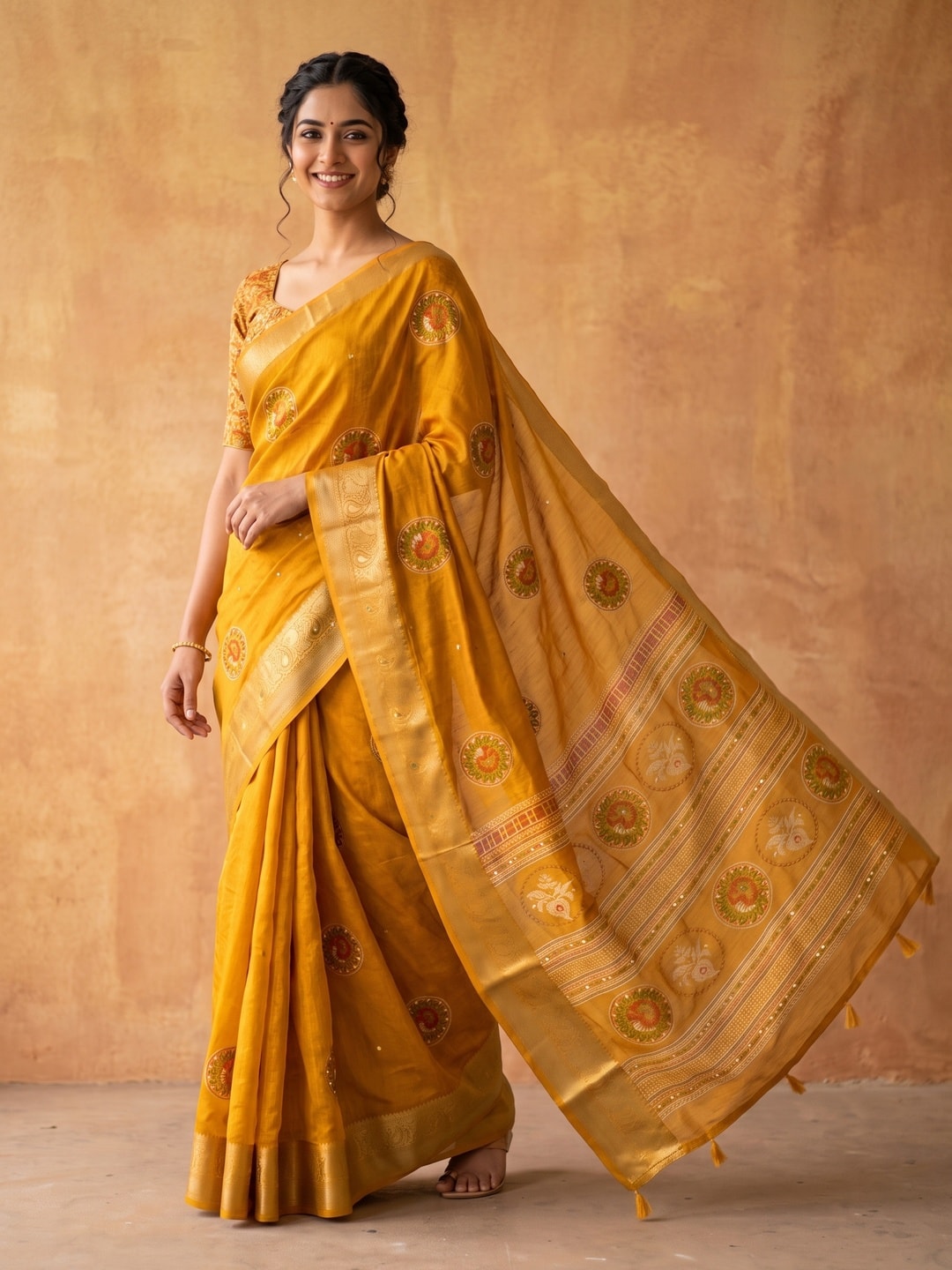 Peachmode Mustard Benny Cotton Saree With Aari Mirror Work And Jacquard Border - Image 1