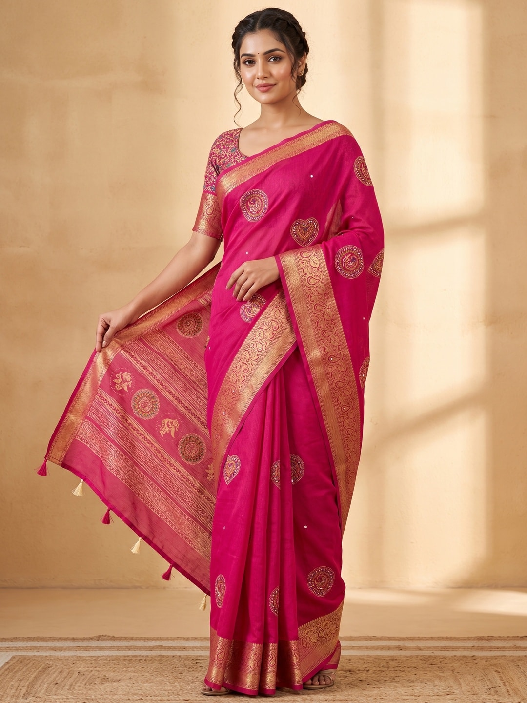 Peachmode Rani Pink Benny Cotton Saree With Aari Mirror Work And Jacquard Border - Image 1