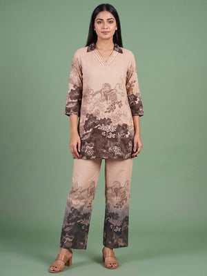 Peachmode Beige Muslin Floral Print Co-ord Set - Image 1