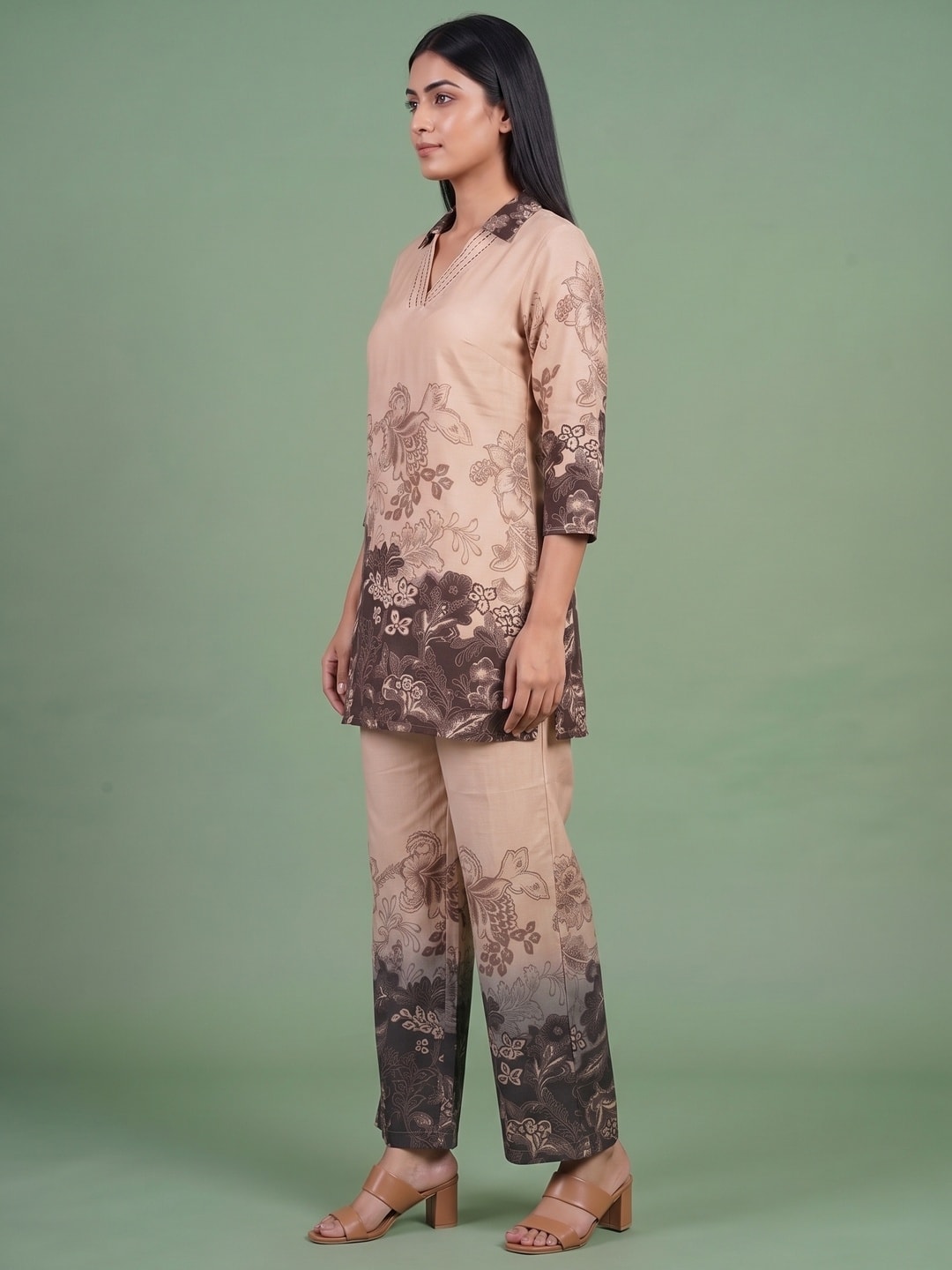 Peachmode Beige Muslin Floral Print Co-ord Set - Image 3