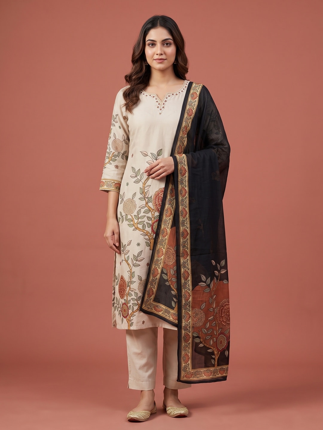 Peachmode Cream Muslin Embroidered Neck Salwar Suit - Image 1