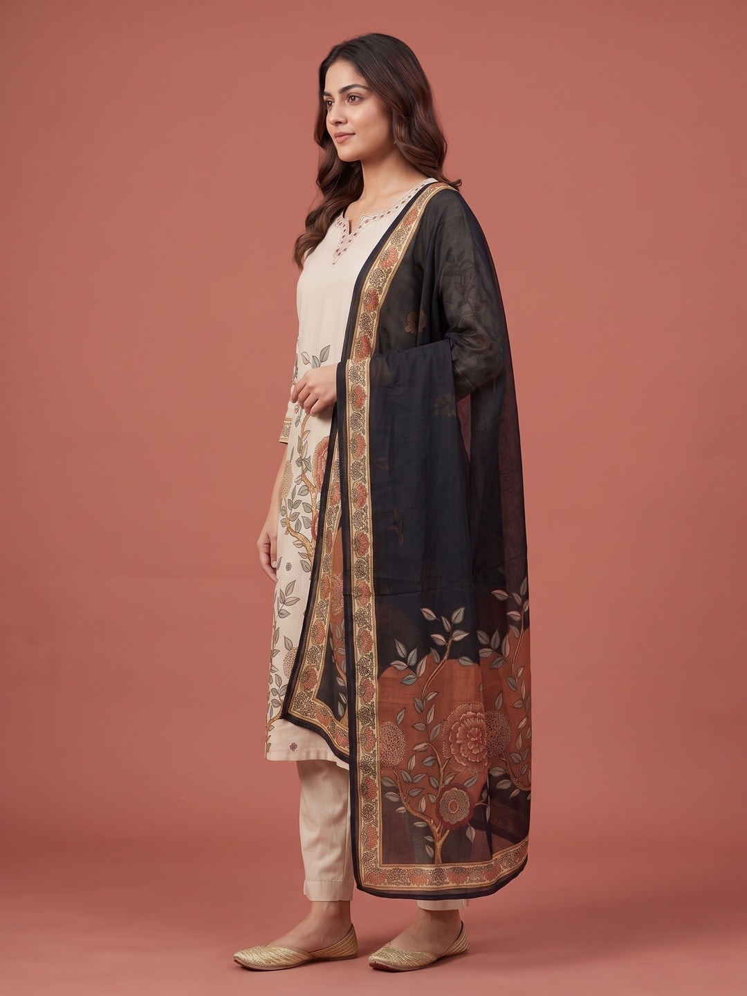 Peachmode Cream Muslin Embroidered Neck Salwar Suit - Image 3