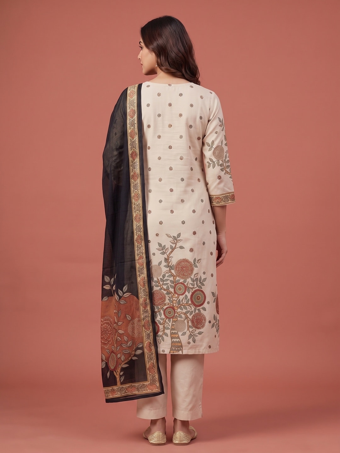 Peachmode Cream Muslin Embroidered Neck Salwar Suit - Image 4