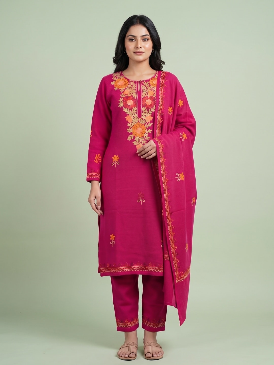 Peachmode Pink Woolen Salwar Suit With Floral Embroidery - Image 1