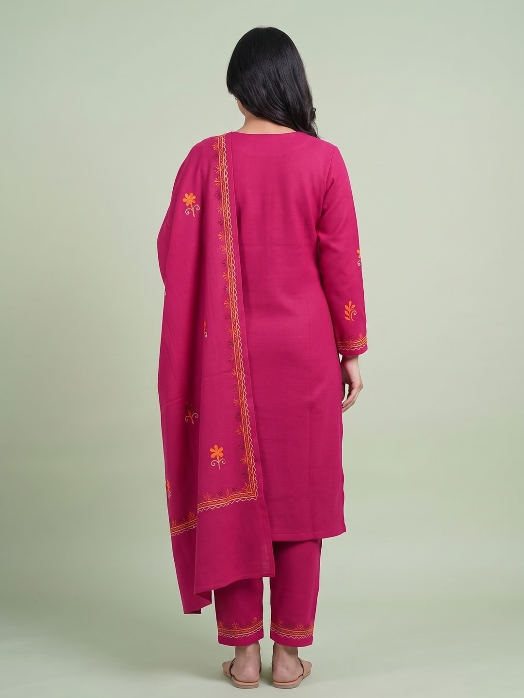 Peachmode Pink Woolen Salwar Suit With Floral Embroidery - Image 4