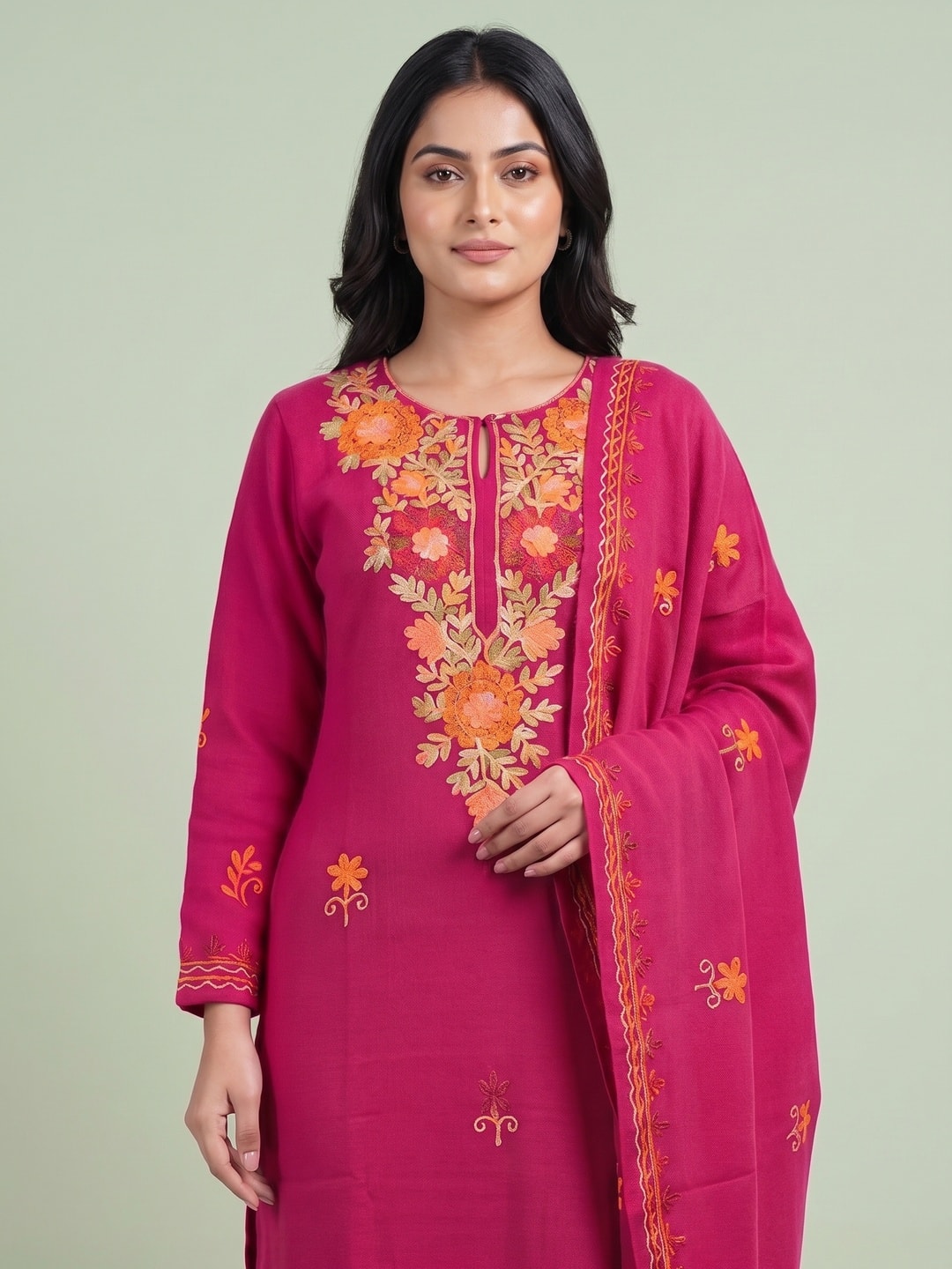 Peachmode Pink Woolen Salwar Suit With Floral Embroidery - Image 5