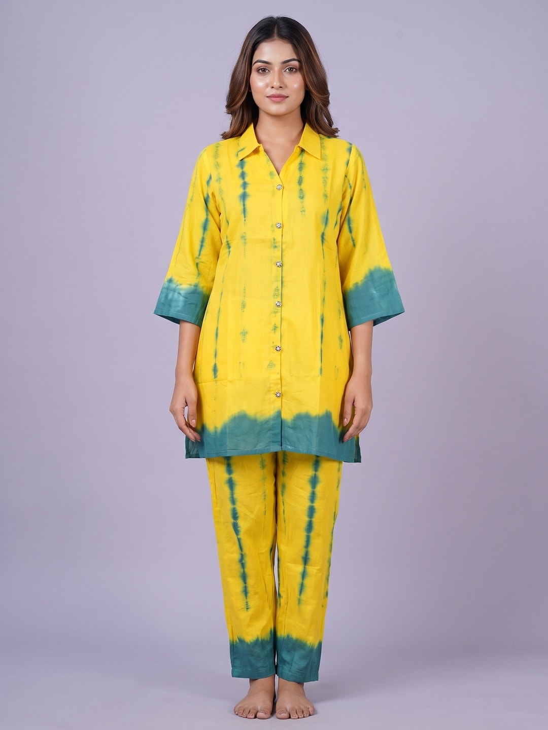 Peachmode Yellow Muslin Tie-Dye Top Bottom Set - Image 1