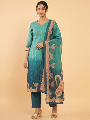 Peachmode Teal Viscose Blend Embroidered V-Neck Salwar Suit With Printed Dupatta - Image 1
