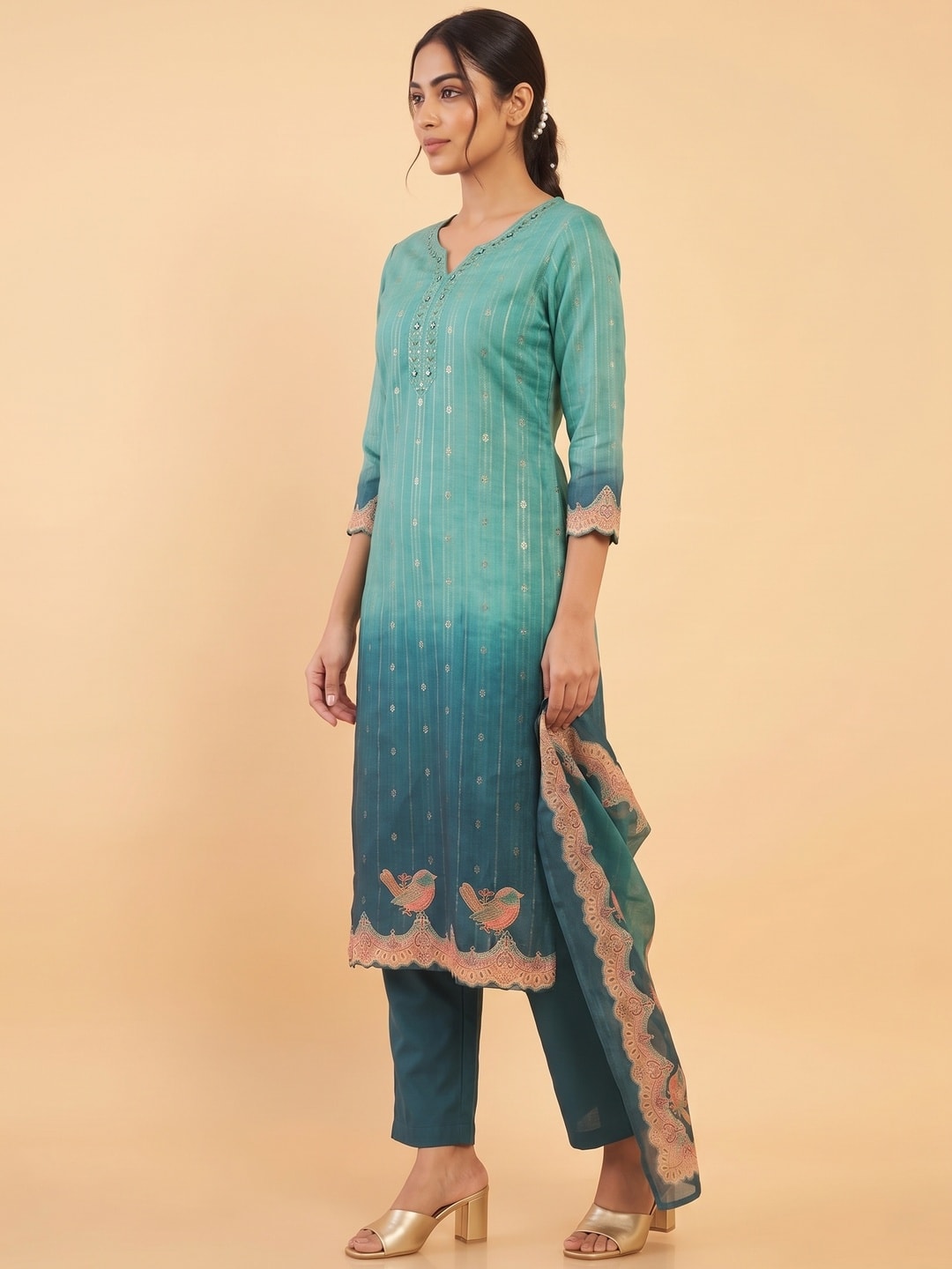 Peachmode Teal Viscose Blend Embroidered V-Neck Salwar Suit With Printed Dupatta - Image 3