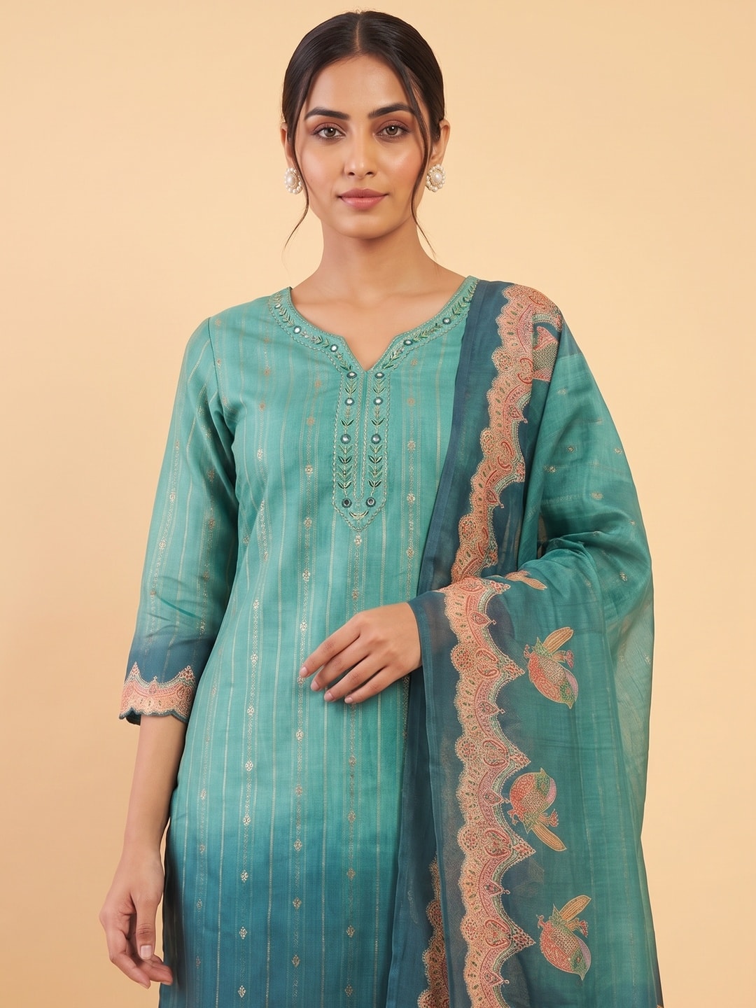 Peachmode Teal Viscose Blend Embroidered V-Neck Salwar Suit With Printed Dupatta - Image 5