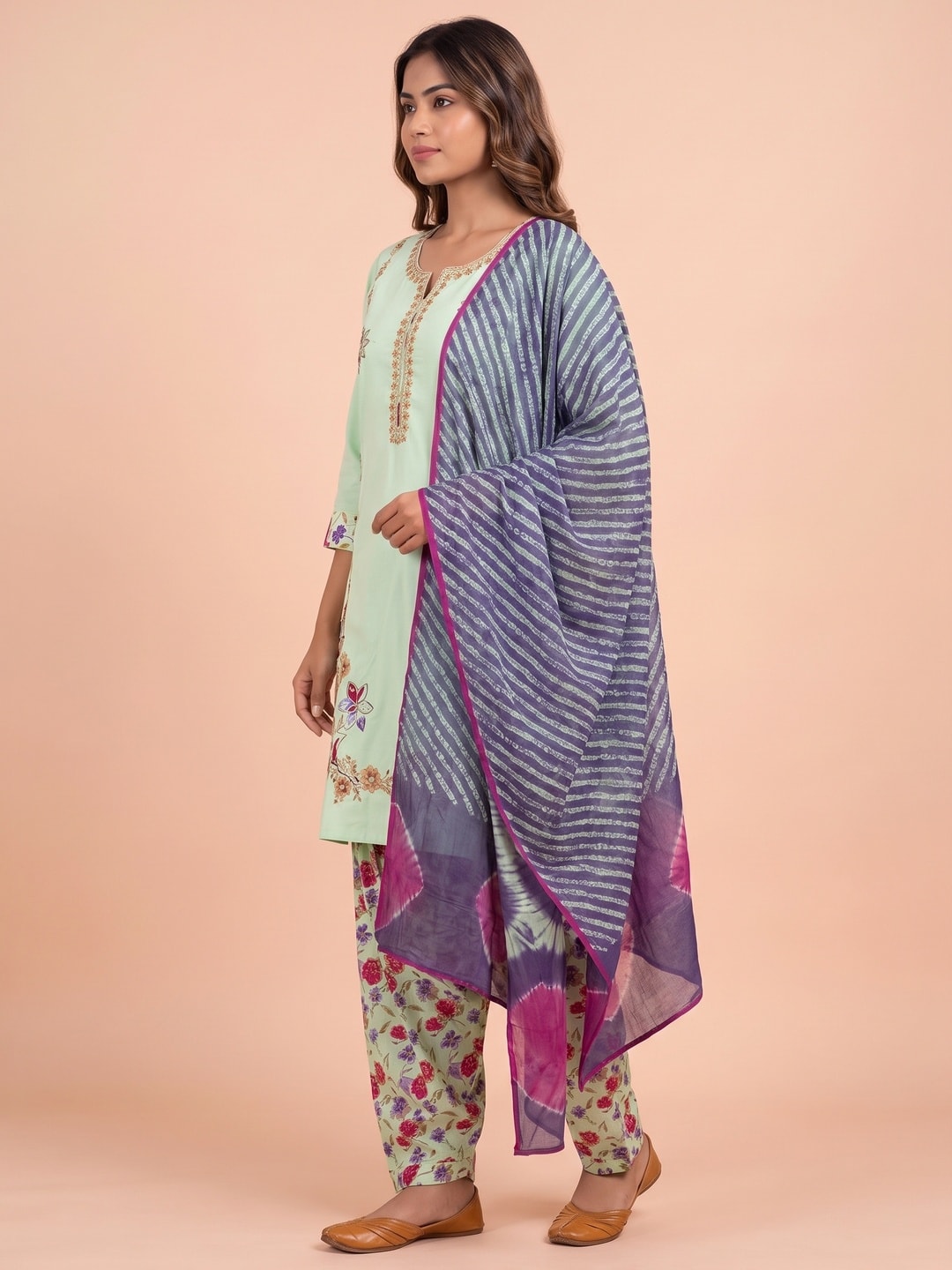 Peachmode Light Green Cotton Embroidered Neck Salwar Suit With Floral Print Salwar - Image 3