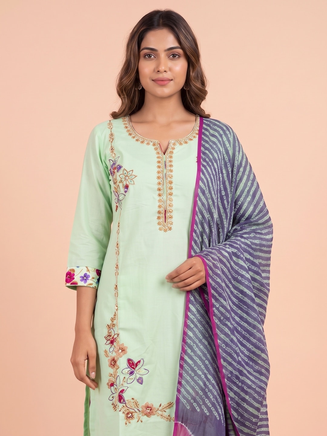Peachmode Light Green Cotton Embroidered Neck Salwar Suit With Floral Print Salwar - Image 5