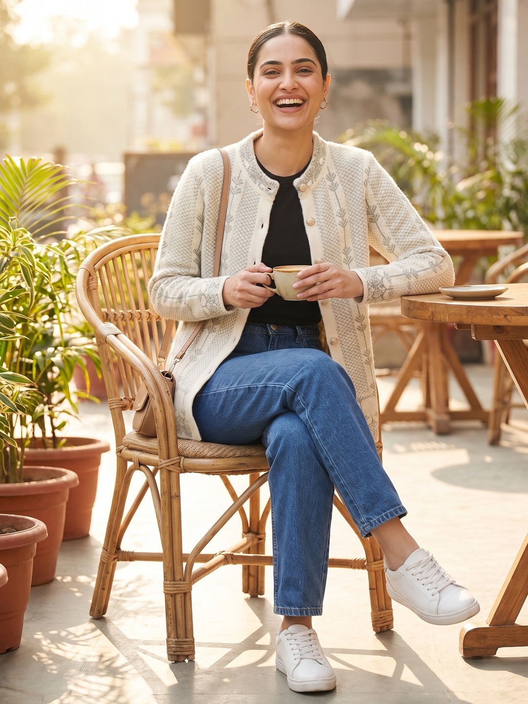 Peachmode Cream Leaf Jacquard Embroidered Woolen Cardigan - Image 2