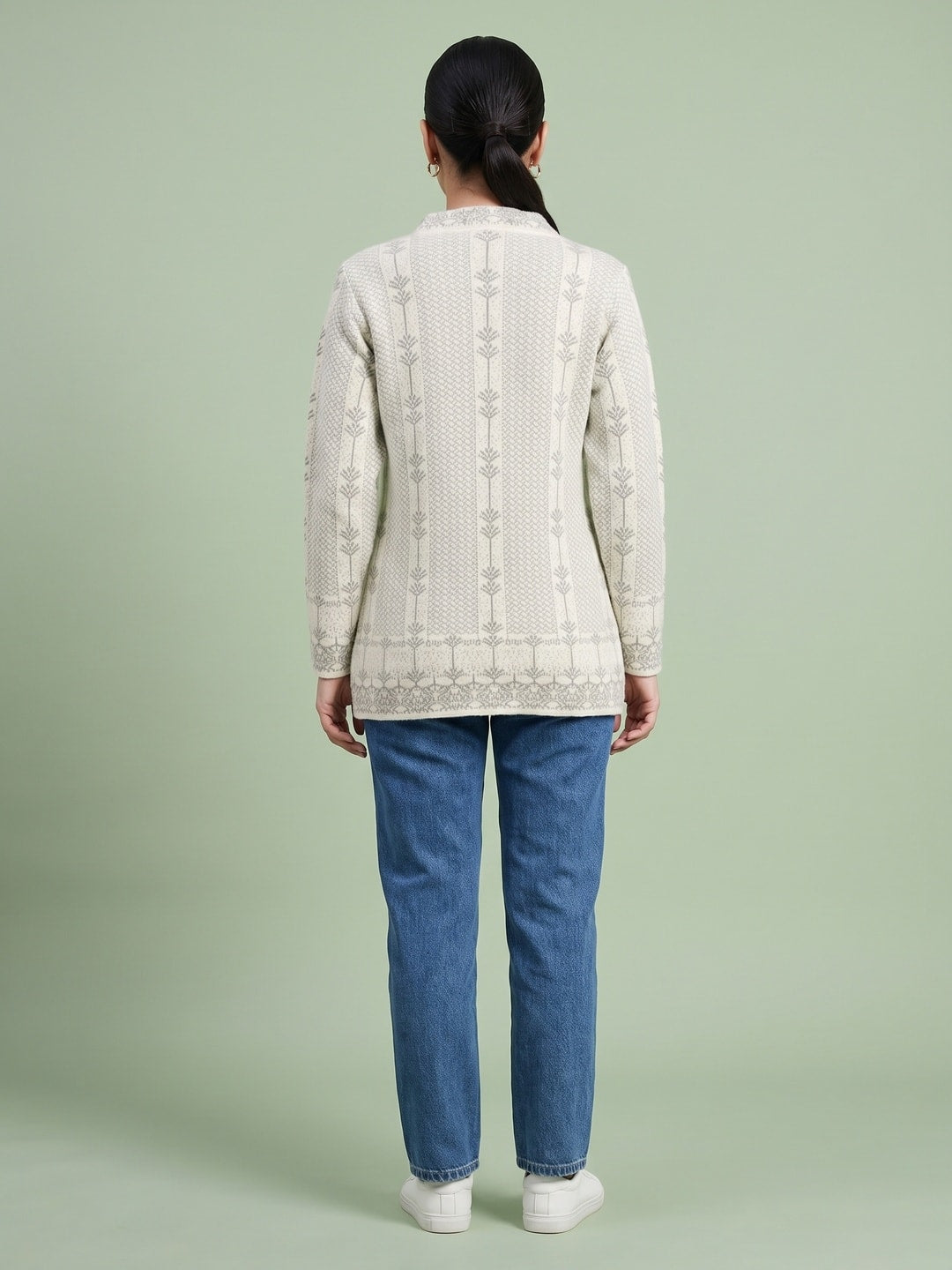 Peachmode Cream Leaf Jacquard Embroidered Woolen Cardigan - Image 4