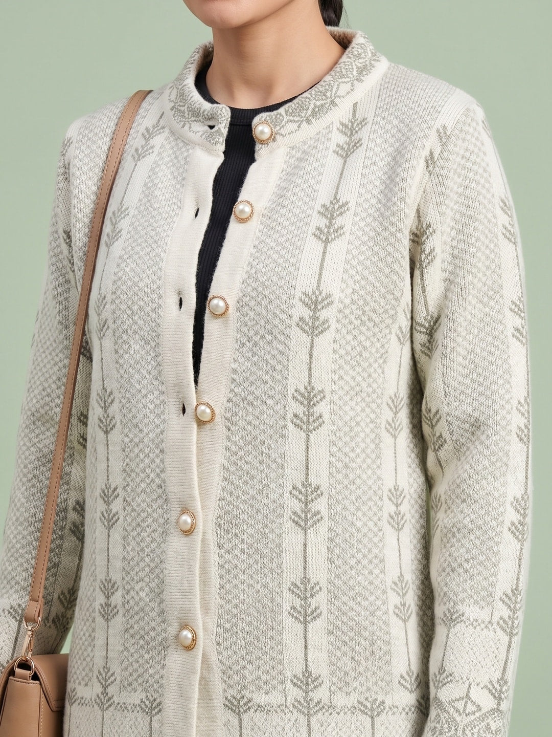 Peachmode Cream Leaf Jacquard Embroidered Woolen Cardigan - Image 5