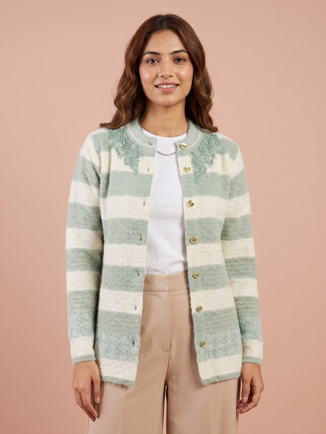 Peachmode Sage Green Striped Beaded Yoke Woolen Cardigan - Image 1