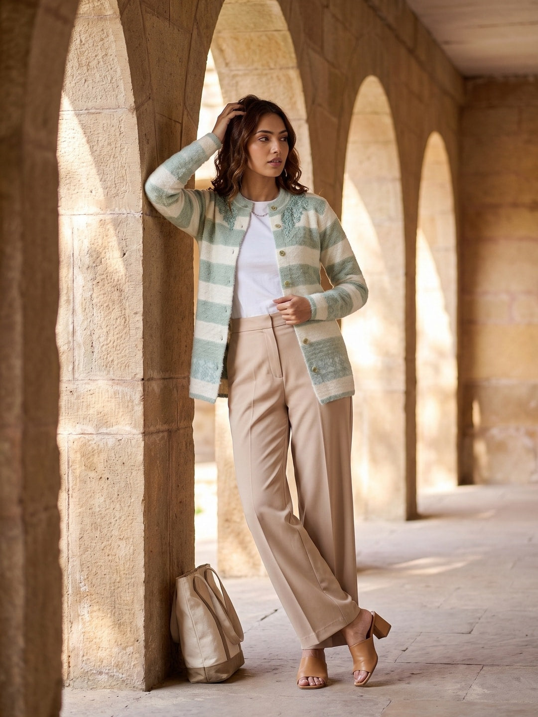 Peachmode Sage Green Striped Beaded Yoke Woolen Cardigan - Image 2