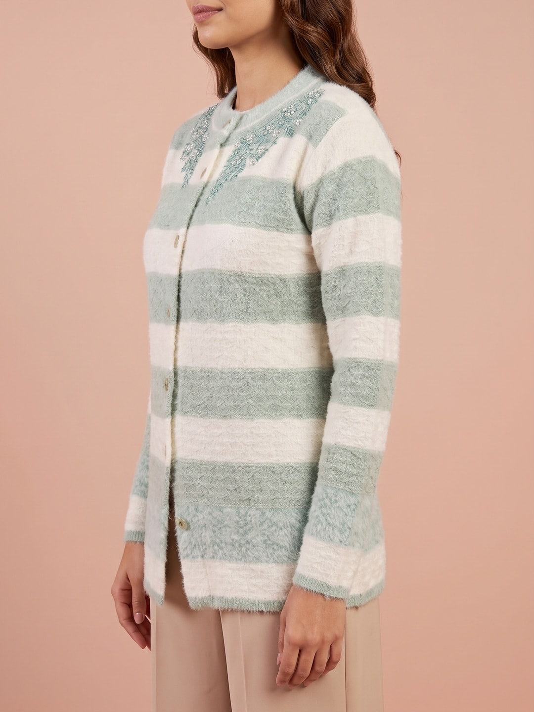 Peachmode Sage Green Striped Beaded Yoke Woolen Cardigan - Image 3